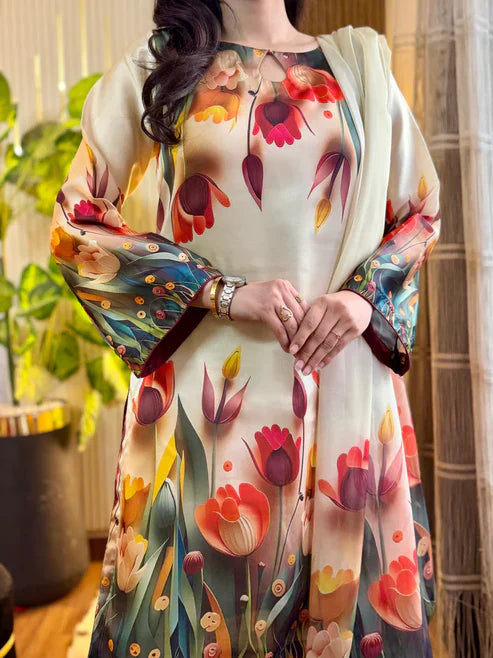 Digital Print Silk 3 pcs (3D FLOWERS)