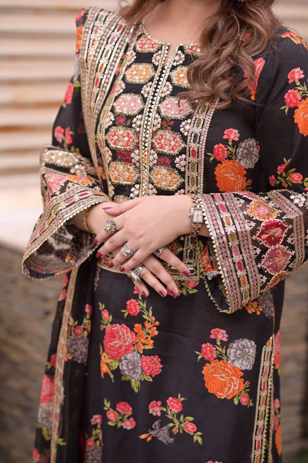 Viral Embroidered 3 Pcs Suit (Black)